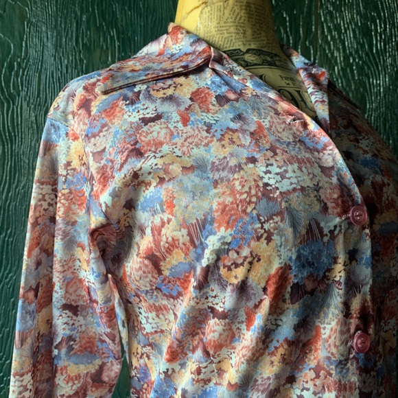 Handmade Vintage 1970 knee length poly secretary dress with collar browns & blue - Picture 12 of 12